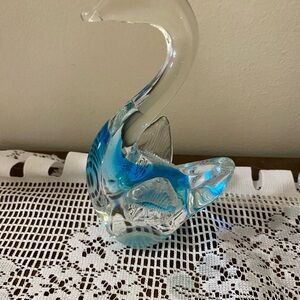 Murano Blue and Clear Swirl Glass Swan Figurine